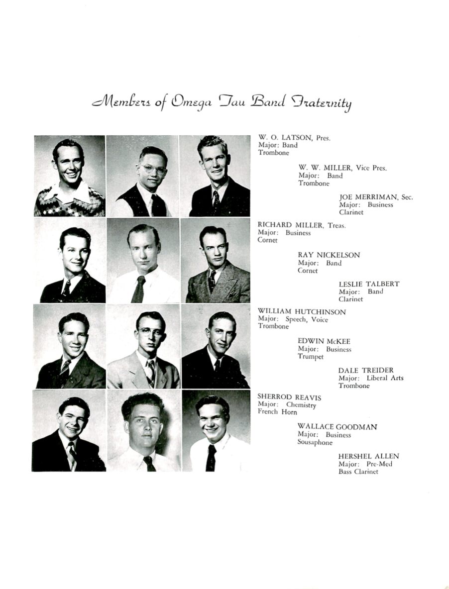 Petition page titled Members of Omega Tau Band Fraternity, with twelve portraits and each member's major and instrument