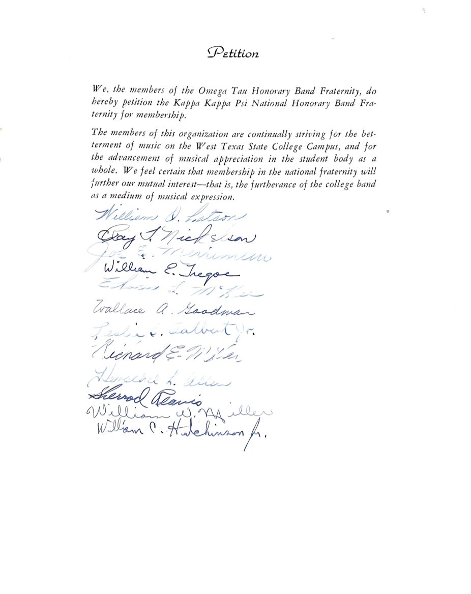 The typed petition of Omega Tau to Kappa Kappa Psi with handwritten signatures